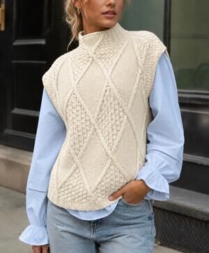 A-IDA Wool Blend Mock Neck Sweater Vest Women's Size XL Diamond Cable Knit Cream
